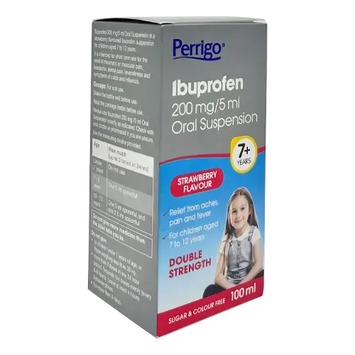Perrigo Ibuprofen 200mg/5ml oral suspension in a 100ml bottle, strawberry flavor, for pain relief and fever reduction.