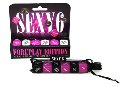 Six colorful sex dice from Creative Conceptions LTD Foreplay Edition, showing various playful symbols on each die.