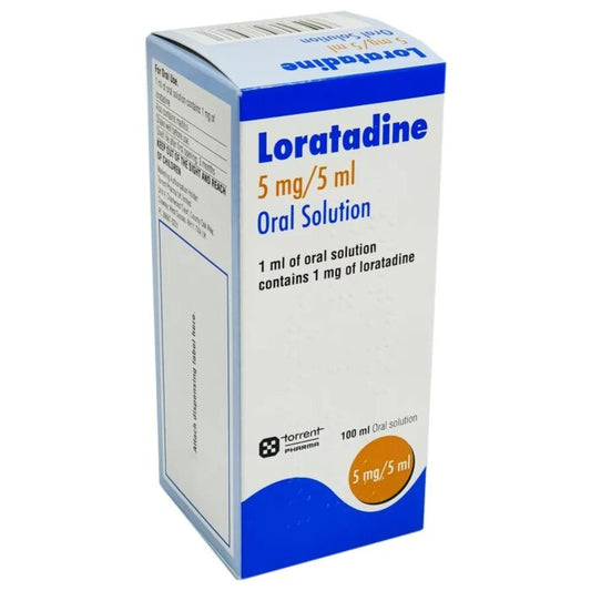 Loratadine 5mg/5ml oral solution in 100ml bottle with peach flavor by Cured Pharmacy, showing the medication bottle and label.
