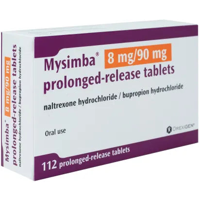 Cured Pharmacy Mysimba 8mg tablets, rectangular pills with imprint, for weight management and appetite control.