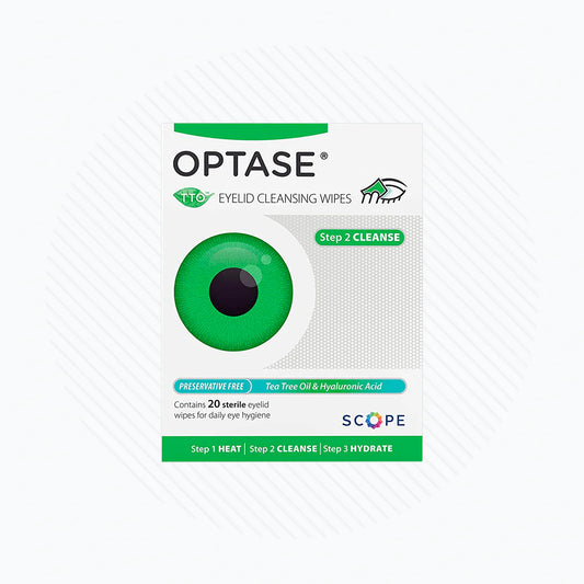 Optase Tea Tree Oil eye lid wipes for blepharitis, preservative-free, showing the packaging and wipes in a product shot.