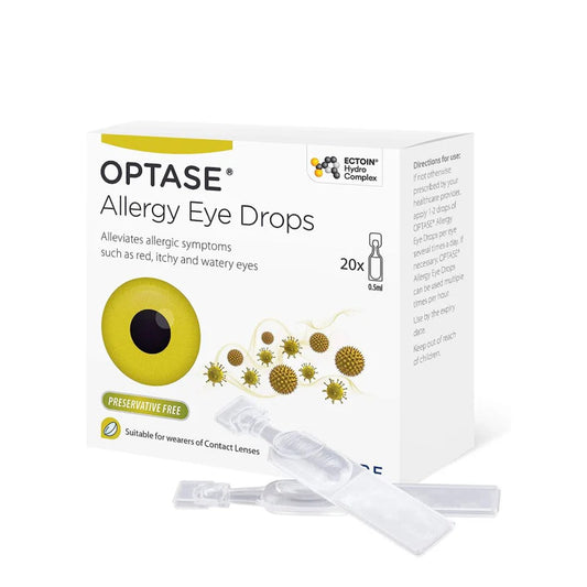 Optase Allergy Eye Drops in 20 single-dose vials, clear liquid with dropper tips, designed for allergy relief in the eyes.