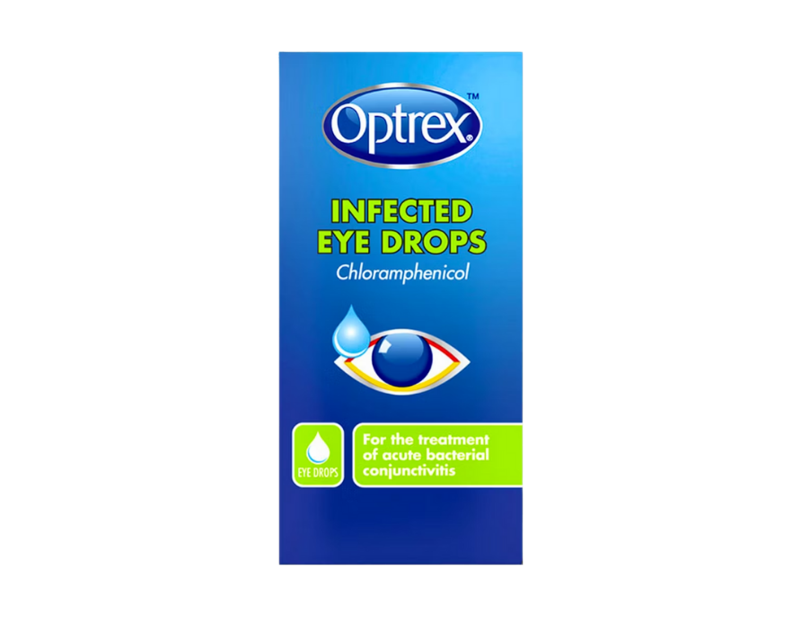 Optrex Infected Eye Drops 0.5% bottle with eye drop applicator for soothing eye infection relief