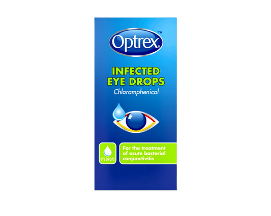 Optrex Infected Eye Drops 0.5% bottle with eye drop applicator for soothing eye infection relief