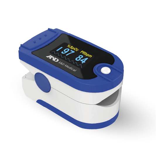 A&D Medical UP-200 pulse oximeter displaying oxygen saturation level and pulse rate on a digital screen.