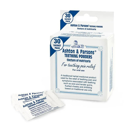My Store Ashton & Parsons Infant Teething Powders in a white container with a clear lid, designed for soothing teething discomfort.