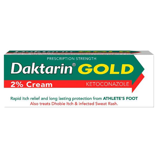 Daktarin Gold 2% Treatment Cream 15g tube, white packaging with gold accents, showing the front label and product name.