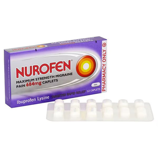 Nurofen Maximum Strength Migraine Pain caplets bottle with 12 caplets, showing the packaging and label details.