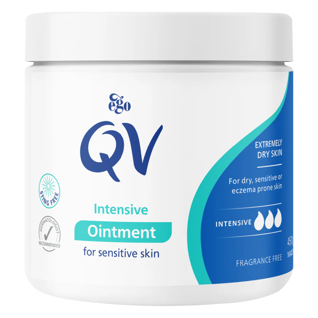 CuredPharmacy QV Intensive Ointment for very dry skin in a 450g tube, showing the skin healing and moisturizing properties.