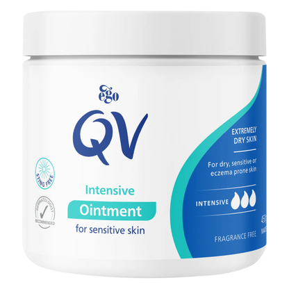 CuredPharmacy QV Intensive Ointment for very dry skin in a 450g tube, showing the skin healing and moisturizing properties.