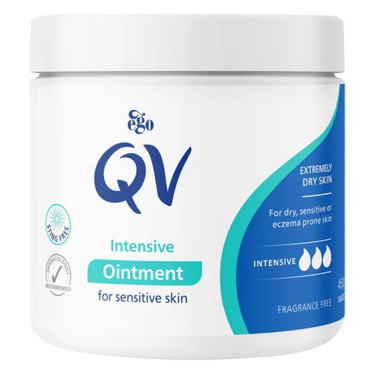 CuredPharmacy QV Intensive Ointment for very dry skin in a 450g tube, showing the skin healing and moisturizing properties.