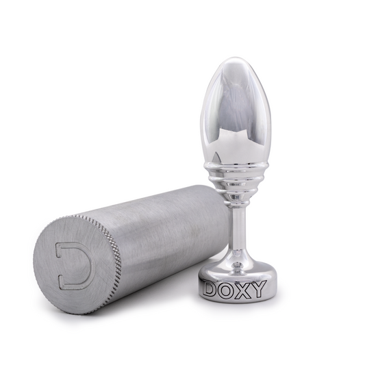 Doxy Ribbed Butt Plug, a textured anal toy with ribbed design, made by Doxy, displayed on a white background.