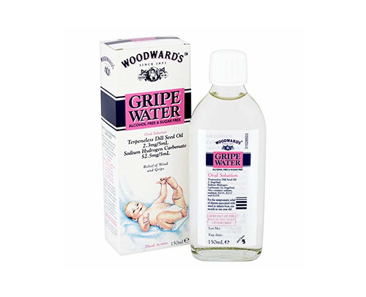 Woodward's Gripe Water 150ml bottle, natural remedy for infants' colic and stomach discomfort, with a clear view of the product label.