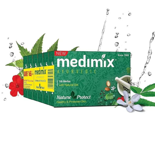 Six packs of Medimix Ayurvedic Herbal Classic soap with 18 herbal ingredients, each 75g, by Cured Pharmacy.