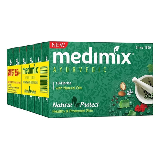 Cured Pharmacy Medimix Ayurvedic Herbal Soap with 18 herbs, 75g each, pack of 6, featuring natural herbal ingredients and classic design.