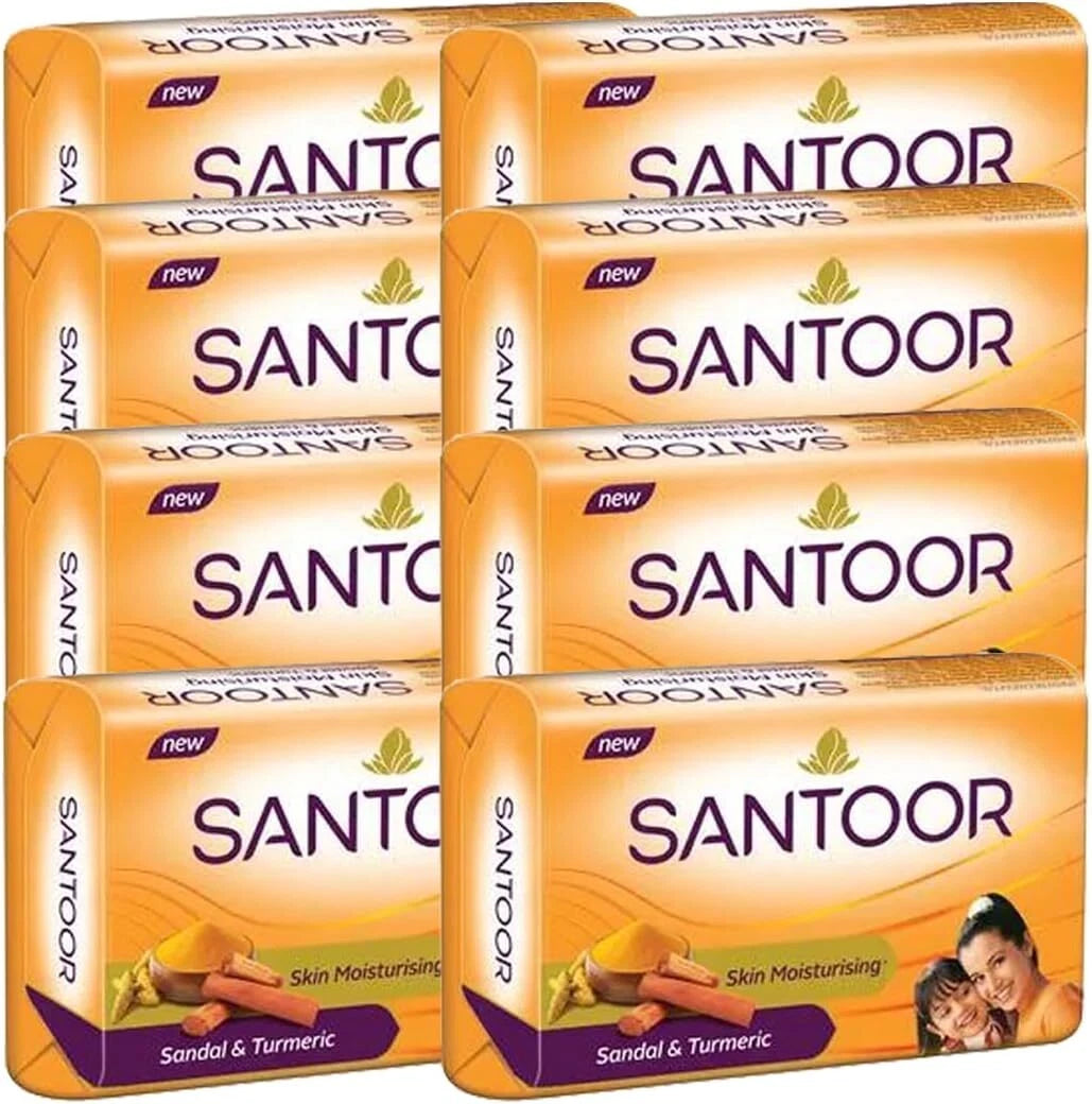 Cured Pharmacy Santoor Sandal and Turmeric Soap Pack with four 100g bars, featuring sandalwood and turmeric ingredients.