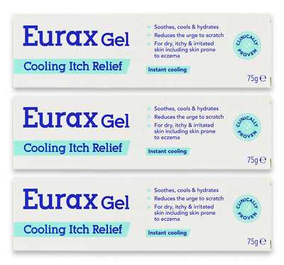 Eurax Cooling Itch Relief Gel 75g tube with applicator tip, used for soothing skin irritation and itching.