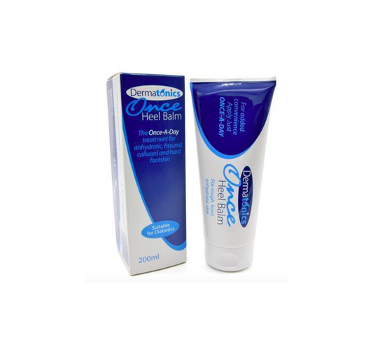 Dermatonics Heel Balm 200ml jar showing smooth, moisturizing balm for dry, cracked heels and skin care.