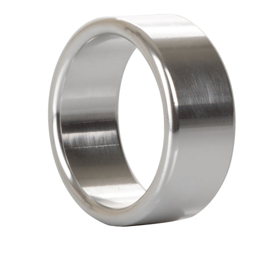 Medium alloy metallic cock ring from California Exotics, featuring a sleek, shiny finish and smooth circular design.