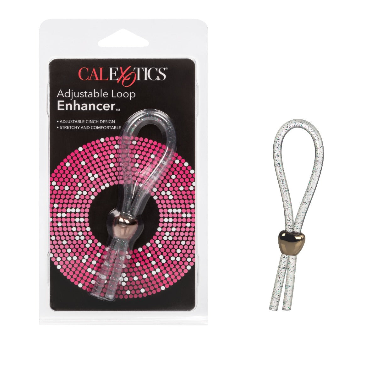 Clear glitter adjustable cock ring enhancer from California Exotics, featuring a loop design for enhanced pleasure.