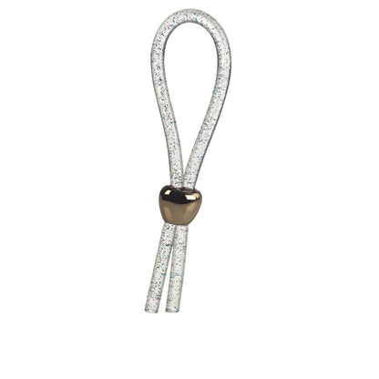 Clear glitter adjustable loop enhancer cock ring from California Exotics, featuring a sparkling, flexible design for enhanced fit and stimulation.