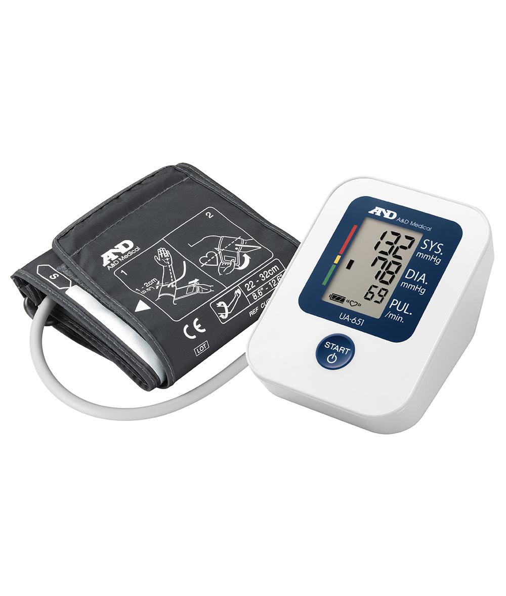 A&D Medical UA-651 upper arm blood pressure monitor with cuff and digital display, showing blood pressure readings.