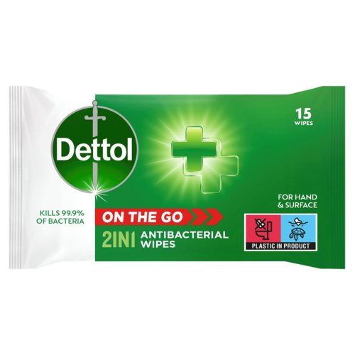 Dettol 2-In-1 Antibacterial Wipes- 15 Wipes 