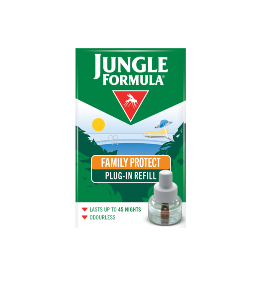 Jungle Formula Plug-In Refill for insect repellent diffuser, packaged in a clear plastic container with label, by Cured Pharmacy